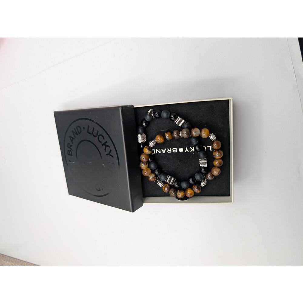 Lucky Brand Onyx & Tiger's Eye 2PC Stretch Bracelet Set Fashion Jewelry New